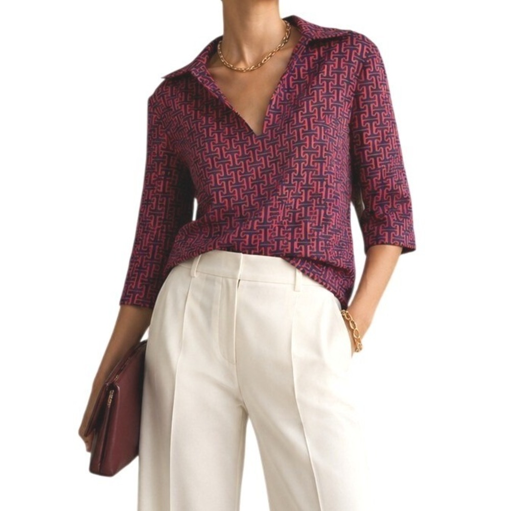 Katherine Way Red Retro Navy Geometric Greek Key Split Neck Tunic Top‎ Medium